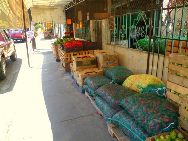 Huge bags of chiles at the Los Globos open air market stalls in Ensenada, Baja California Norte, Mexico.