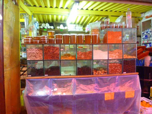 Grains and beans and honey for sale at Los Globos open air market in Ensenada, Baja California Norte, Mexico.