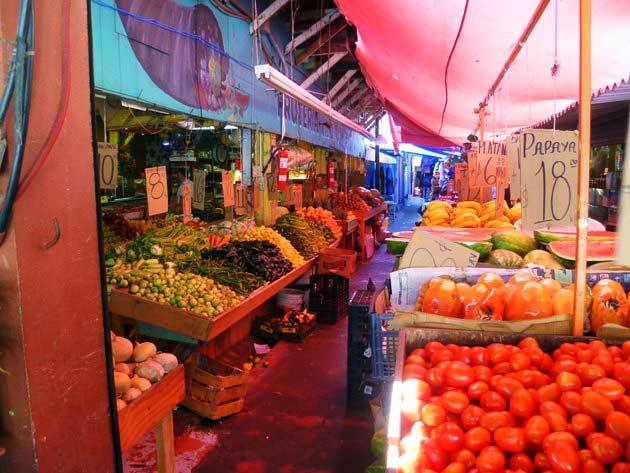 Fresh vegetables on display at Los Globos open air market in Ensenada, Baja California Norte, Mexico.