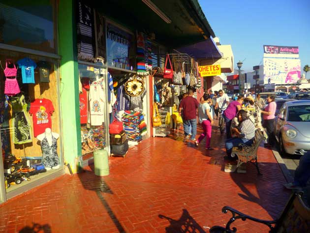 Sidewalk view of Calle Primera in Ensenada, Baja California Norte, Mexico.