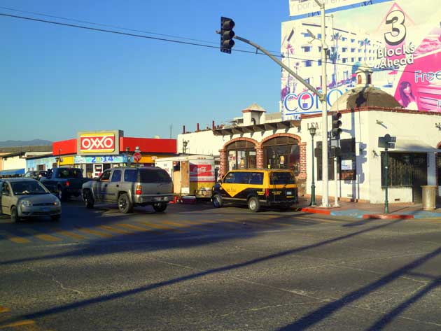 Street view of Calle Primera in Ensenada, Baja California Norte, Mexico.