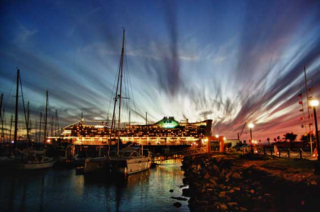Cruiseship with glorious sunset in Ensenada